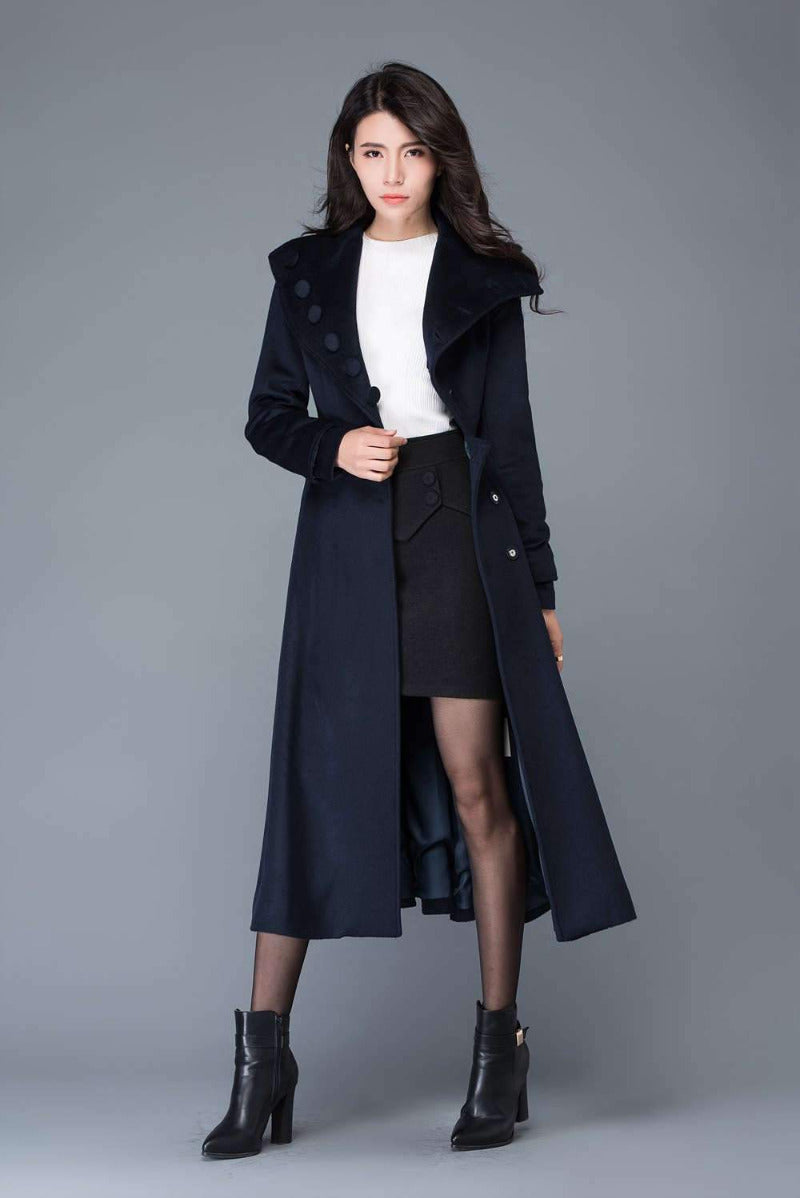Long Navy Blue Wool Coat C1021#