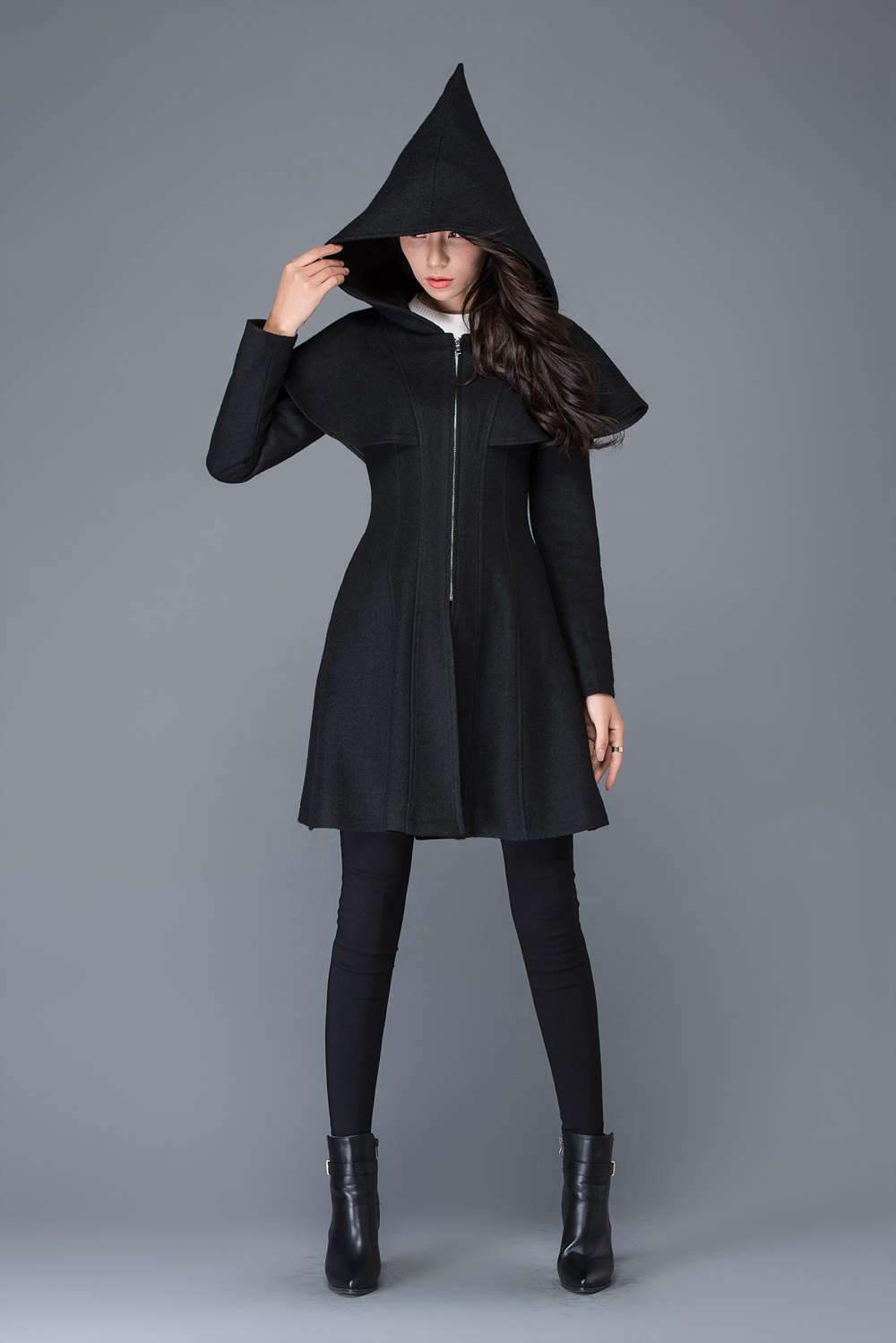 black coat, Wool coat, womens coats, winter coat, black wool coat, hooded cloak, hoody coat, wool coat women, vintage wool coat C1023