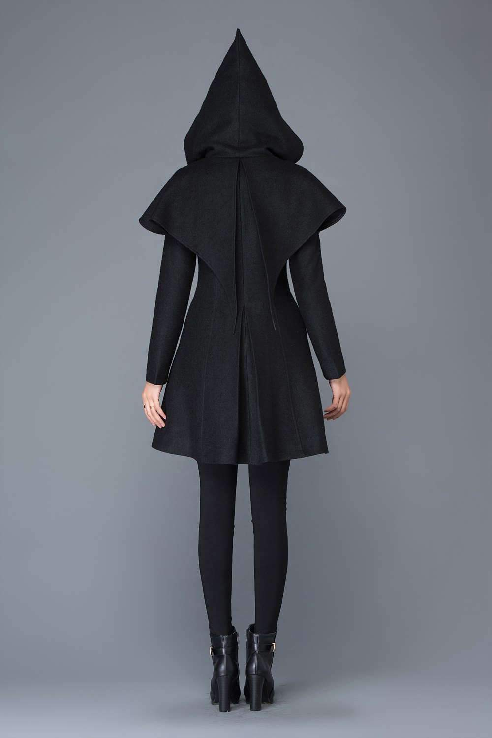 black coat, Wool coat, womens coats, winter coat, black wool coat, hooded cloak, hoody coat, wool coat women, vintage wool coat C1023