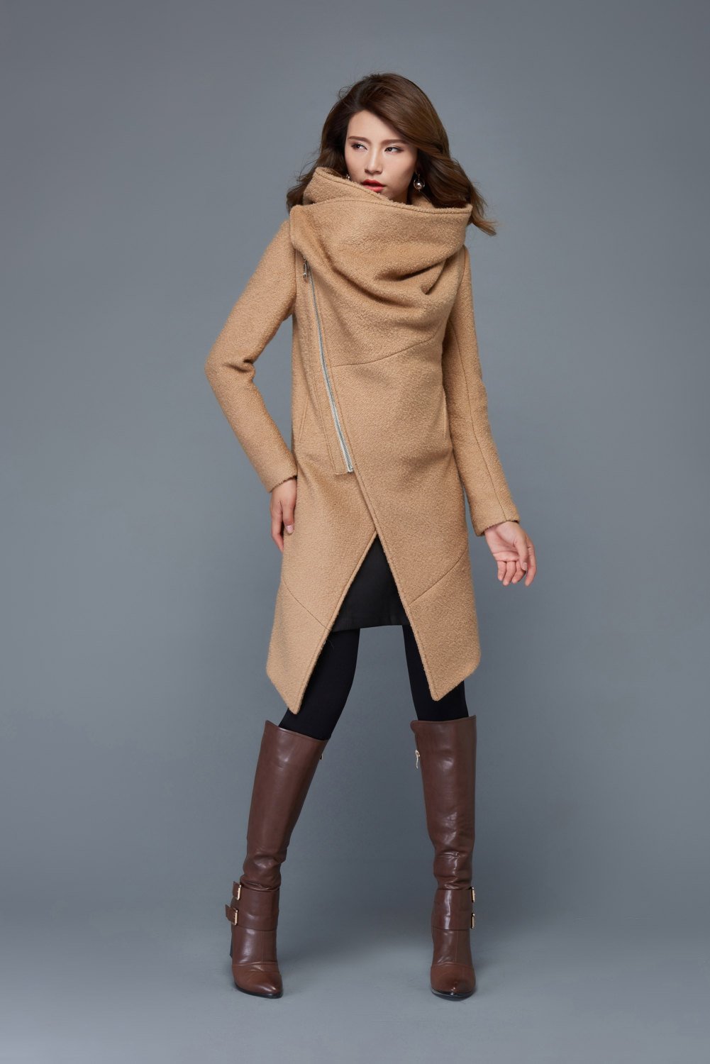 Brown Asymmetrical winter wool coat women C959