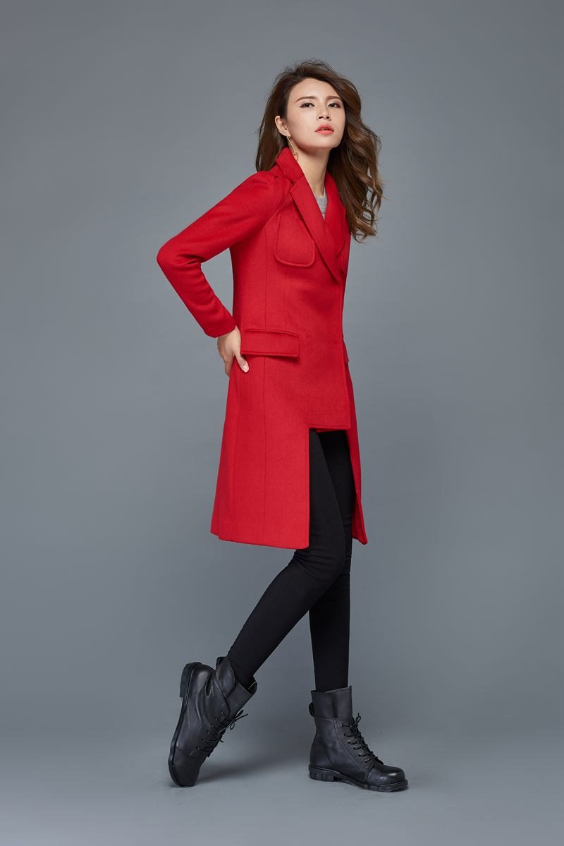 Red wool coat, winter coat, women's coats, warm coat, geometric coat, tailored coat, asymmetrical coat, women jackets, winter warm coat C979