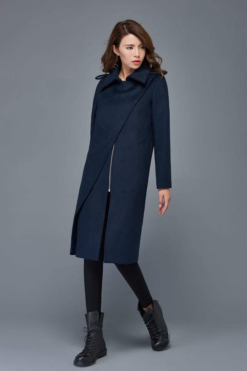 Winter coats for women, navy blue wool coat, mid length coat, unique coat, warm jacket, womens coats, zipper coat, custom jackets C973