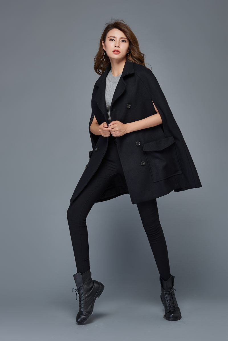 Womens black wool cape coat C975