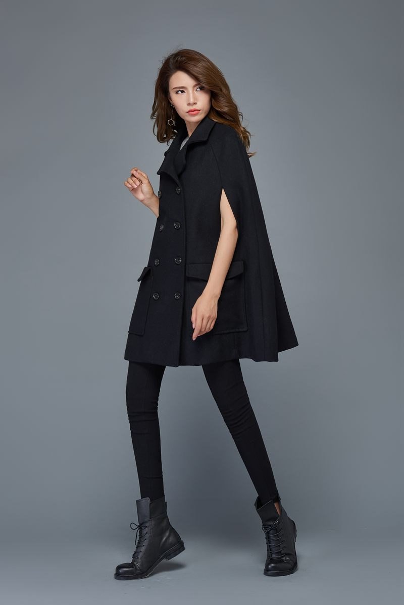 Womens black wool cape coat C975