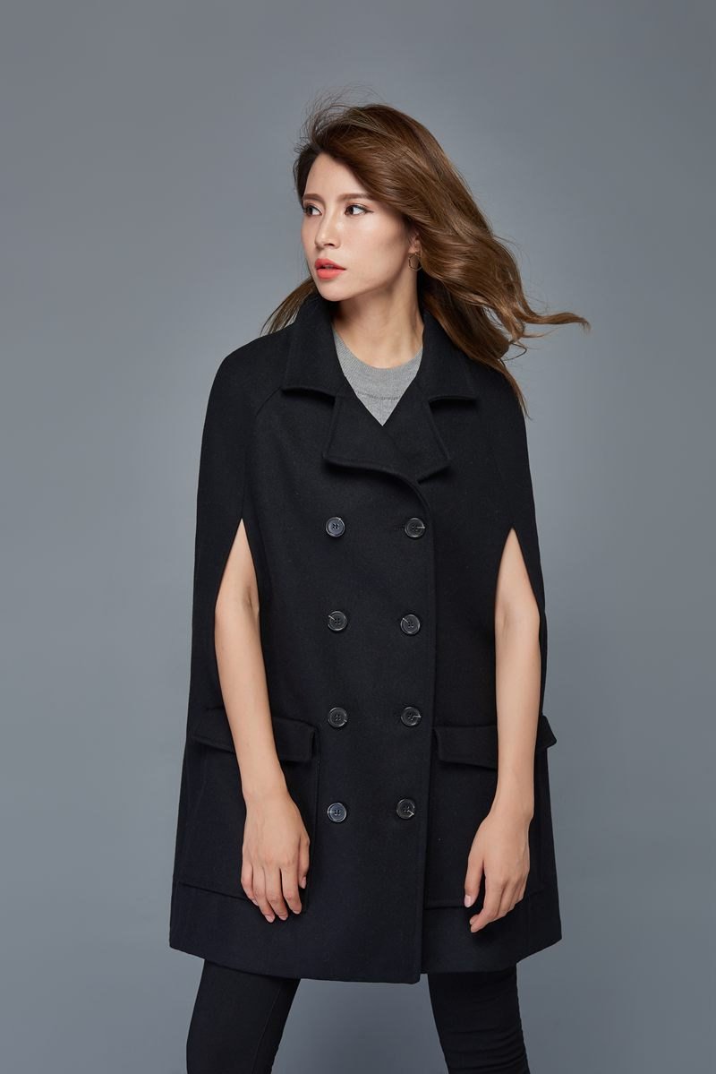 Womens black wool cape coat C975