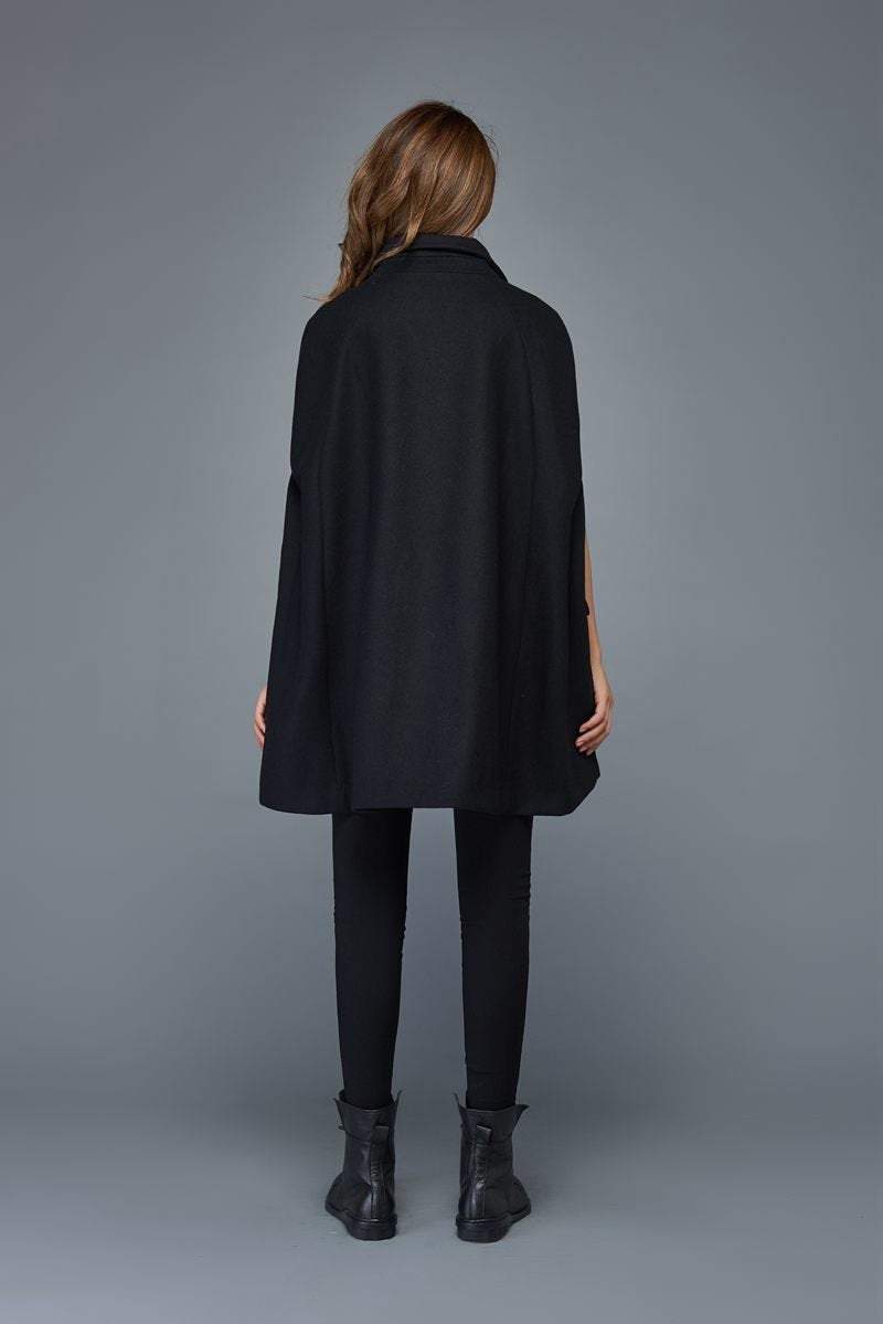 Womens black wool cape coat C975