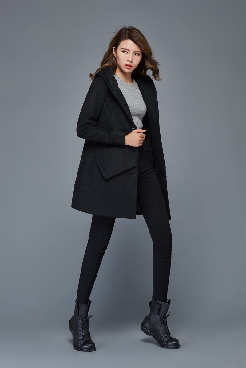 Wool coat, black coat, womens jacket, winter coat, coat, jacket, midi coat, hooded coat, womens jacket, mini jacket C978