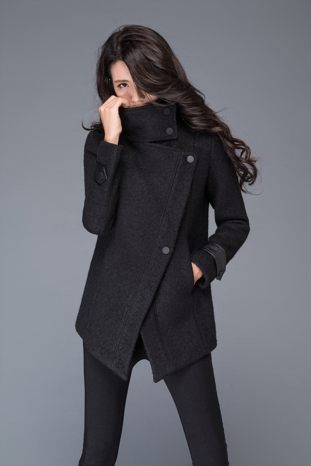 Women's Black asymmetrical wool jacket C987