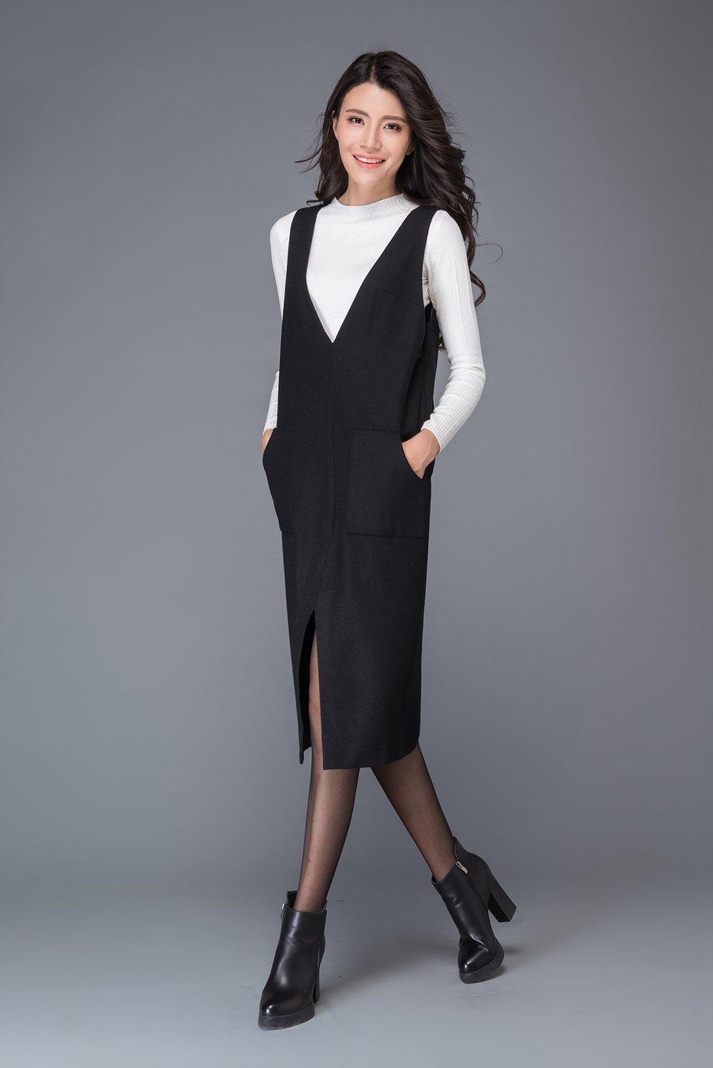 Black wool dress, strap dress, big V neck dress, winter dress, split dress, midi dress, women dresses, maxi dress, sleeveless dress C1009
