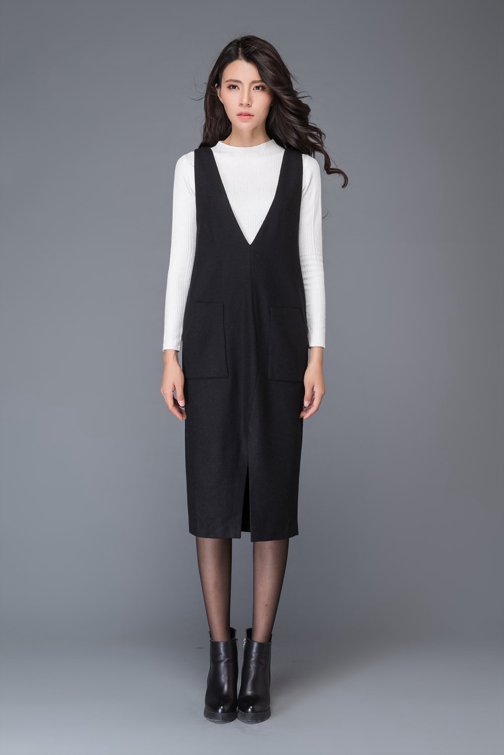Black wool dress, strap dress, big V neck dress, winter dress, split dress, midi dress, women dresses, maxi dress, sleeveless dress C1009