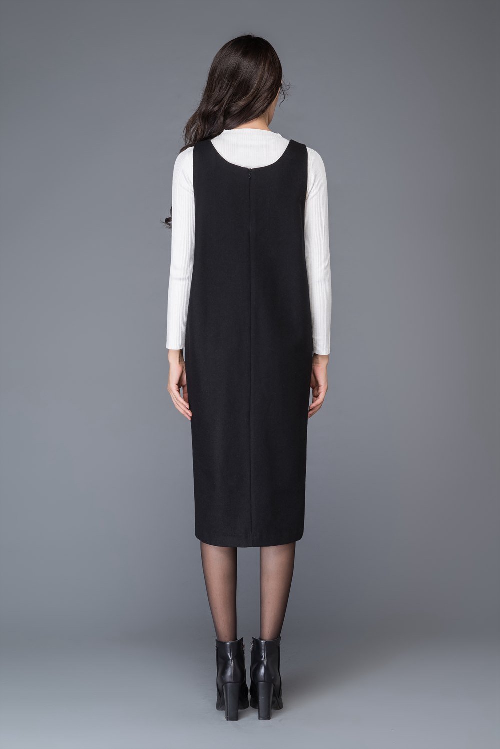 Black wool dress, strap dress, big V neck dress, winter dress, split dress, midi dress, women dresses, maxi dress, sleeveless dress C1009