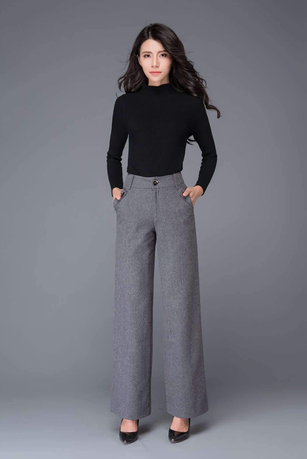 High waist wool pants in gray C1000