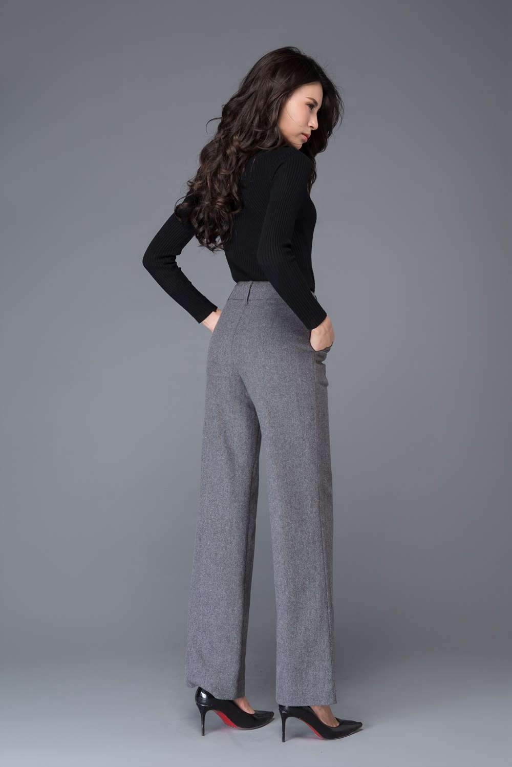High waist wool pants in gray C1000