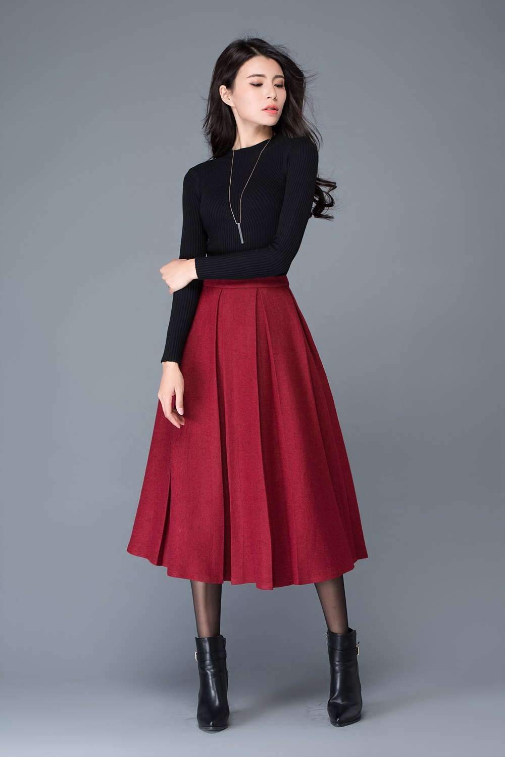 High waist A Line Pleated wool skirt in red C1032