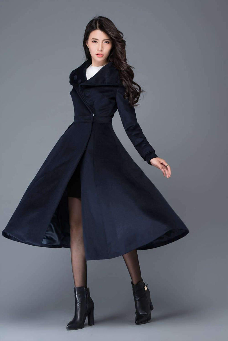 Long Navy Blue Wool Coat C1021#