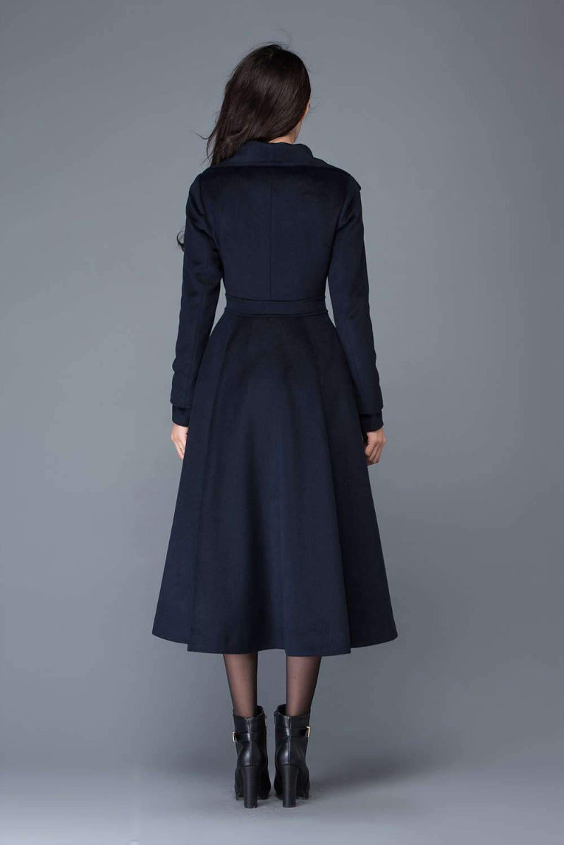 Long Navy Blue Wool Coat C1021#
