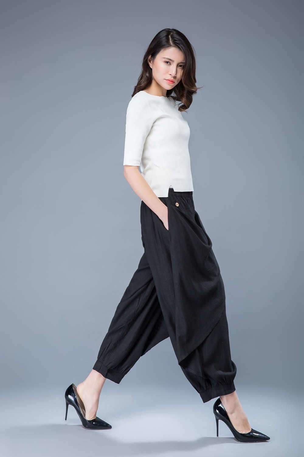 Wrap pants, linen pants, black harem pants, baggy pants, hippie pants, capri pants, black capri pants, elastic waist pants C1054