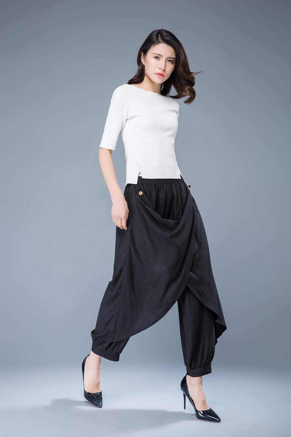 Wrap pants, linen pants, black harem pants, baggy pants, hippie pants, capri pants, black capri pants, elastic waist pants C1054