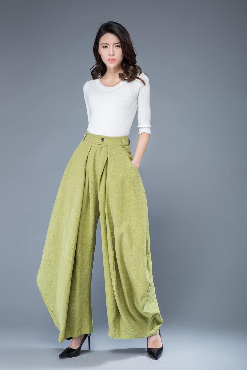 Lime green pants, loose fit pants, wide leg pants, womens pants, linen pants, loose linen pants, linen pants women, long linen pants C1052