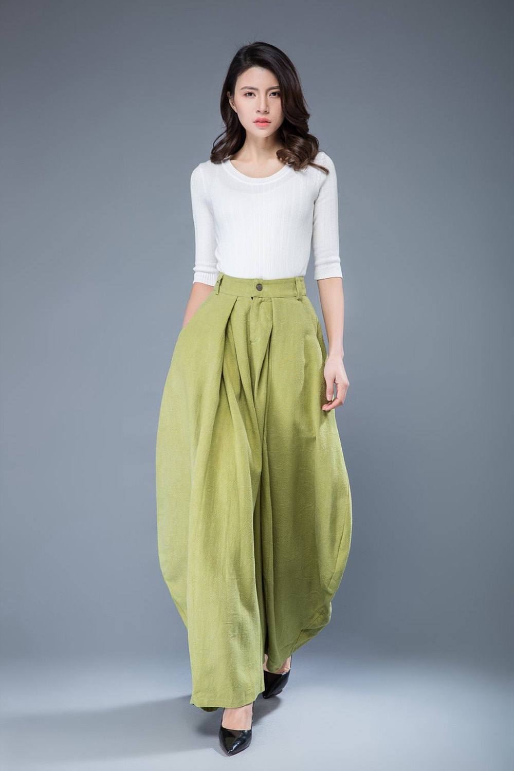 Lime green pants, loose fit pants, wide leg pants, womens pants, linen pants, loose linen pants, linen pants women, long linen pants C1052