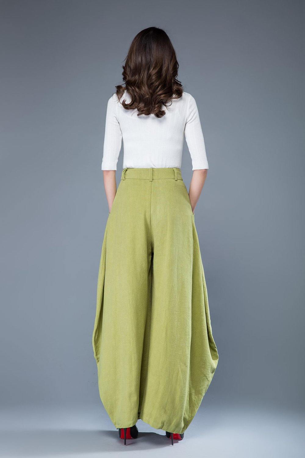 Lime green pants, loose fit pants, wide leg pants, womens pants, linen pants, loose linen pants, linen pants women, long linen pants C1052
