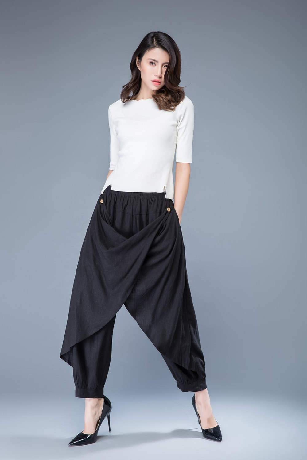 Wrap pants, linen pants, black harem pants, baggy pants, hippie pants, capri pants, black capri pants, elastic waist pants C1054