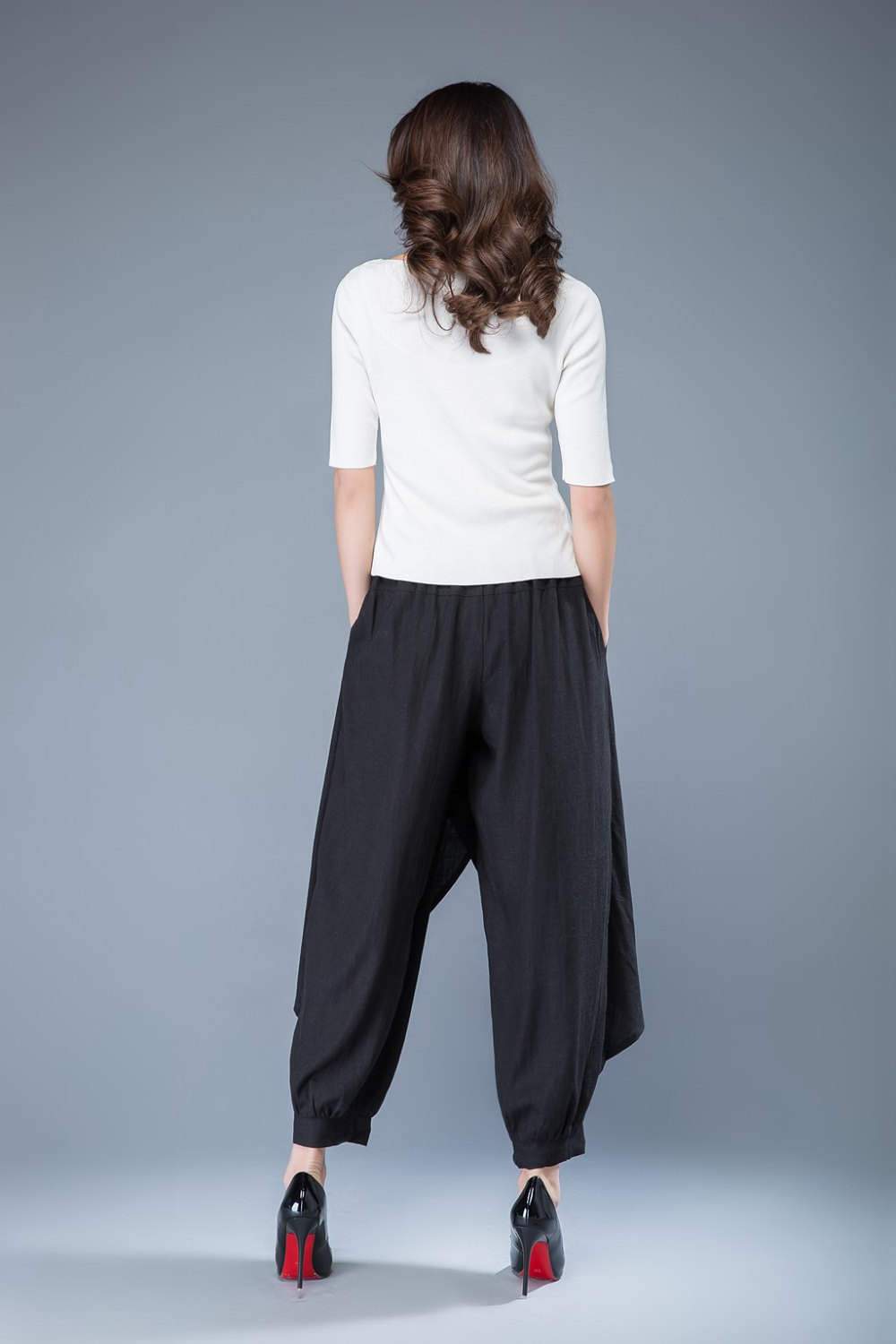Wrap pants, linen pants, black harem pants, baggy pants, hippie pants, capri pants, black capri pants, elastic waist pants C1054