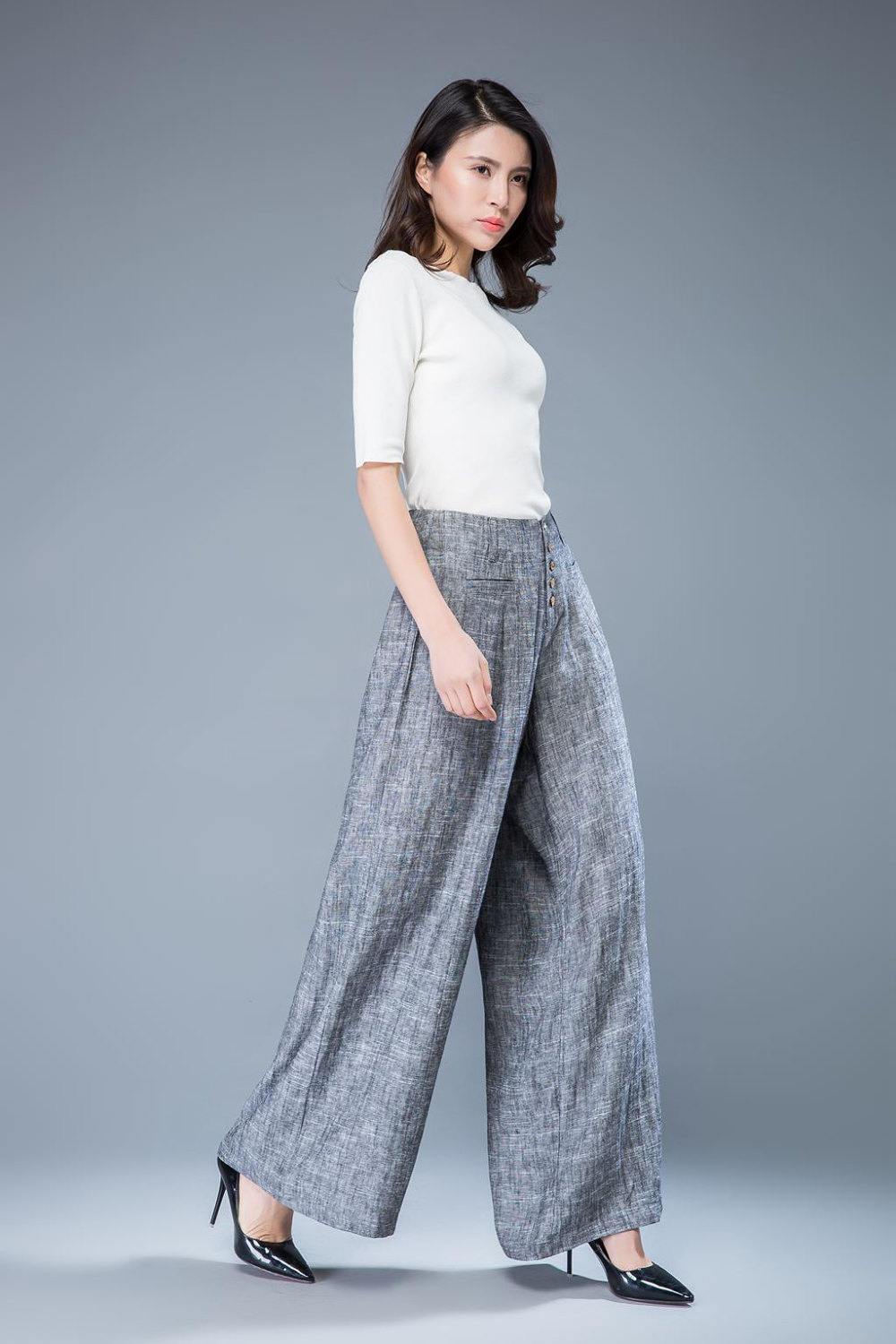 gray linen Wide leg pants, palazzo pants, loose linen pants, high waisted pants, linen pants women, summer linen pants, pants women C1055