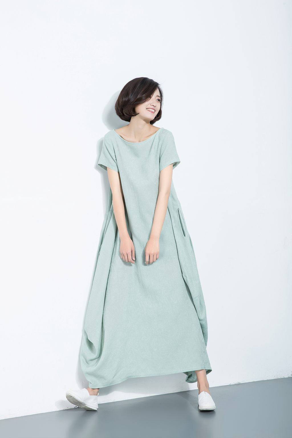 Long cotton dress, short sleeve dress, loose-fitting dress, asymmetrical designer dress, dress with pockets, casual dress C1114