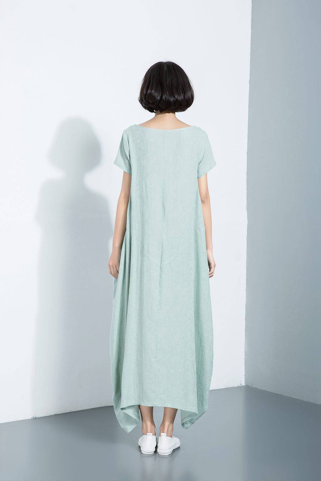 Long cotton dress, short sleeve dress, loose-fitting dress, asymmetrical designer dress, dress with pockets, casual dress C1114