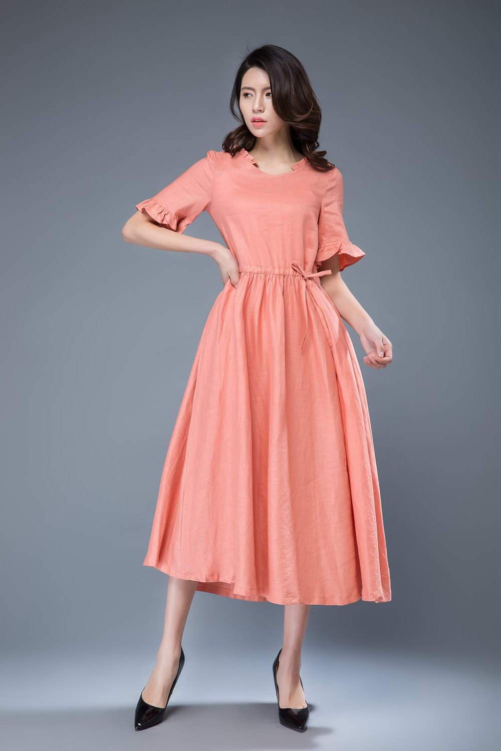 Pink Linen Fit and Flare Dress with Drawstring Waist and Frilly Detail Pink Linen Fit and Flare Dress with Drawstring Waist and Frilly Detail