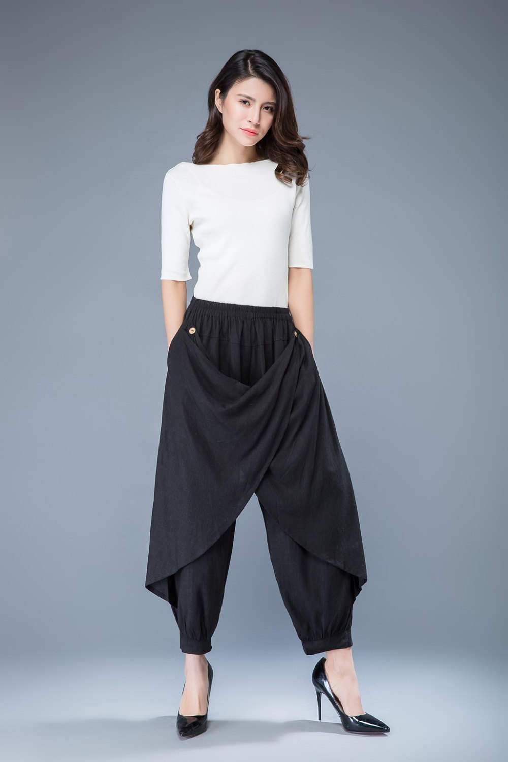 Wrap pants, linen pants, black harem pants, baggy pants, hippie pants, capri pants, black capri pants, elastic waist pants C1054