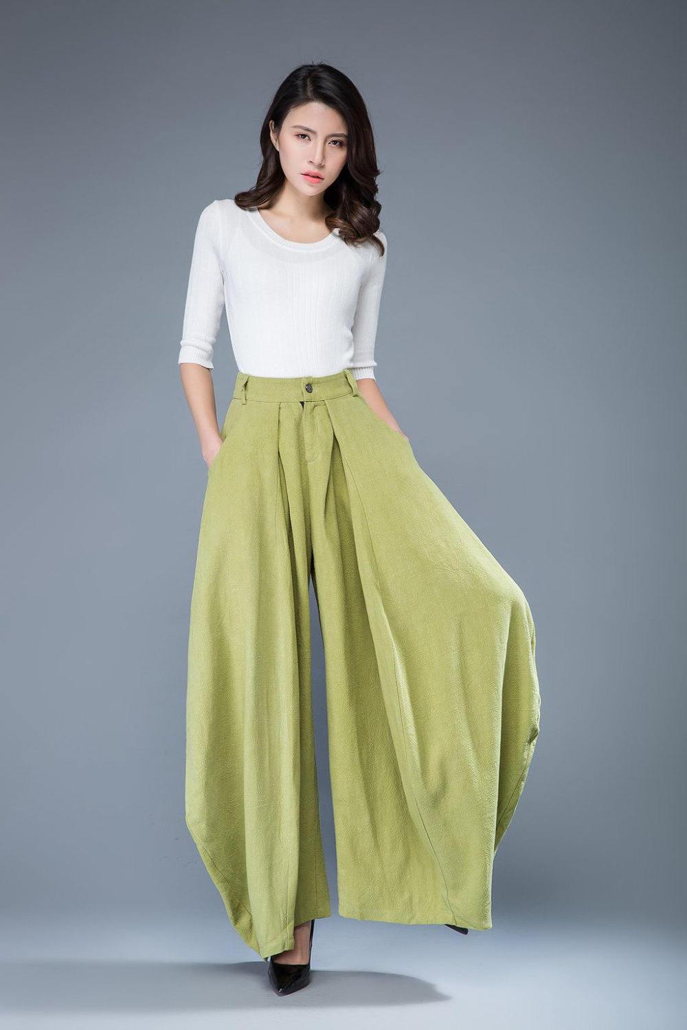Lime green pants, loose fit pants, wide leg pants, womens pants, linen pants, loose linen pants, linen pants women, long linen pants C1052