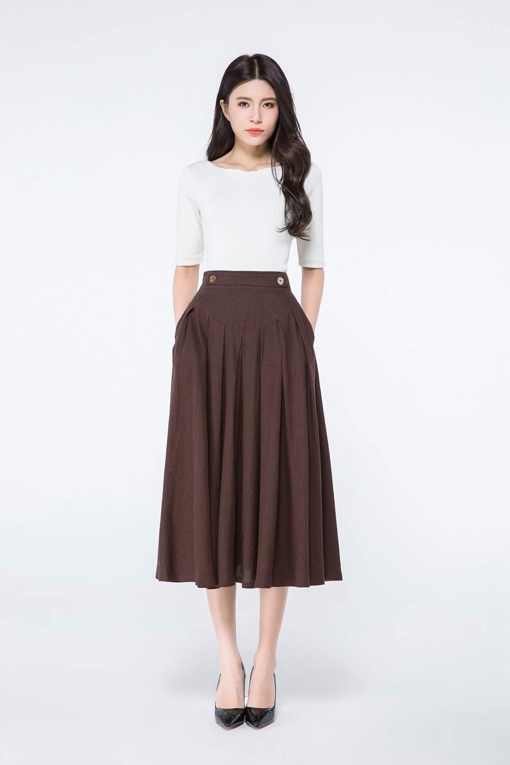 Brown A Line Midi Linen Skirt C1064#