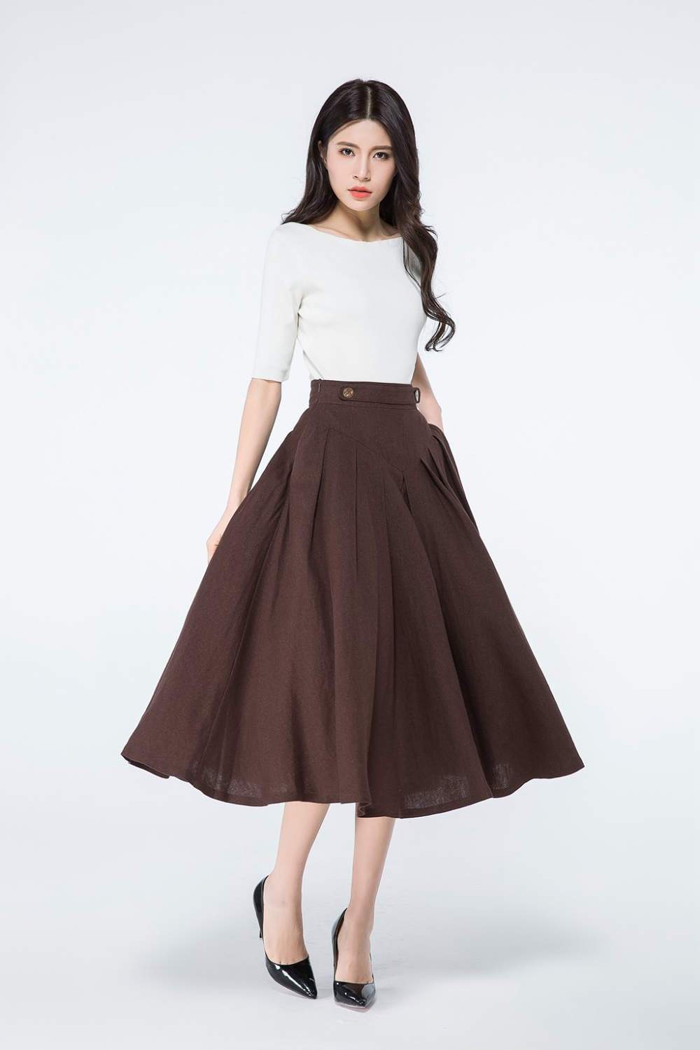 Brown A Line Midi Linen Skirt C1064#