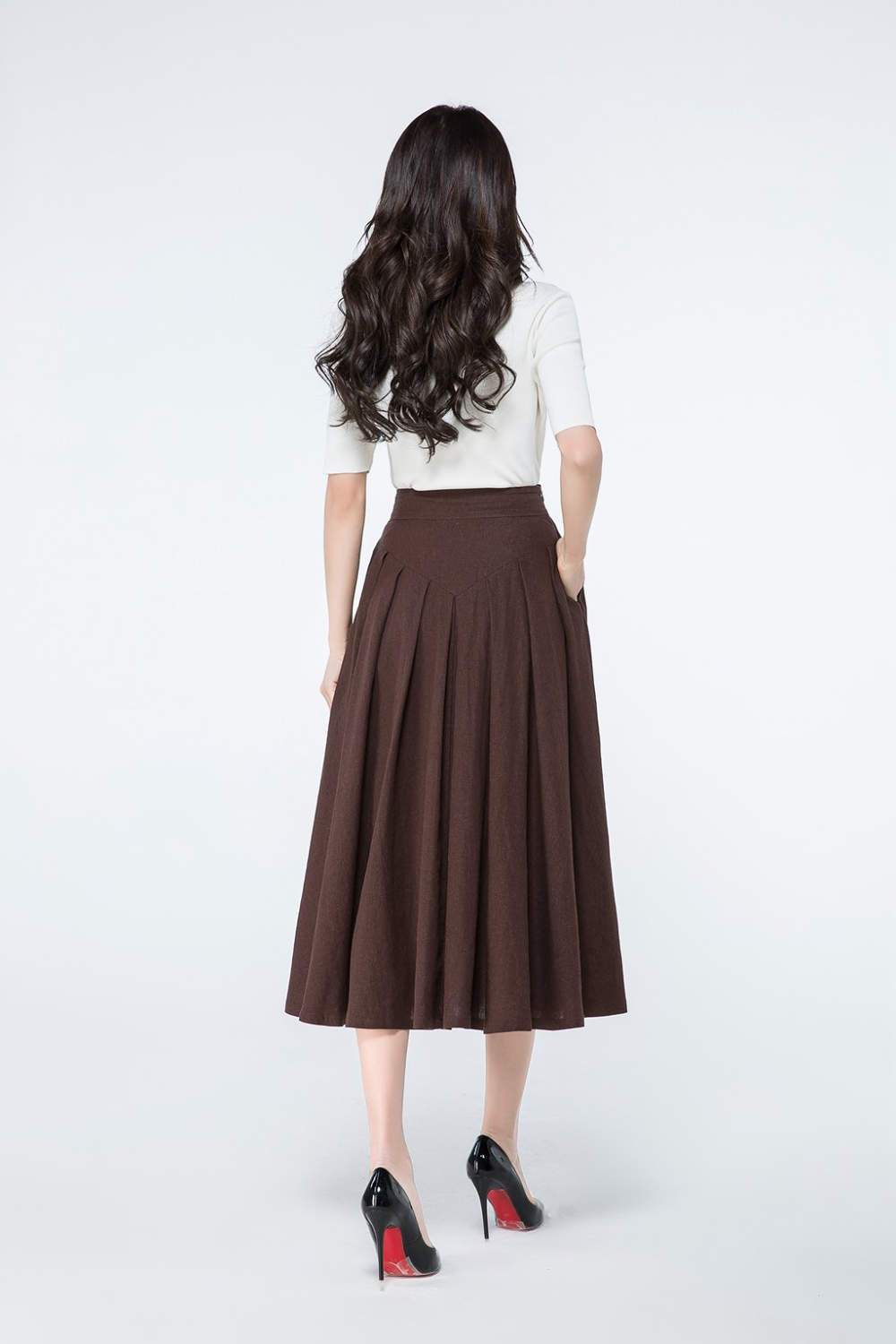Brown A Line Midi Linen Skirt C1064#