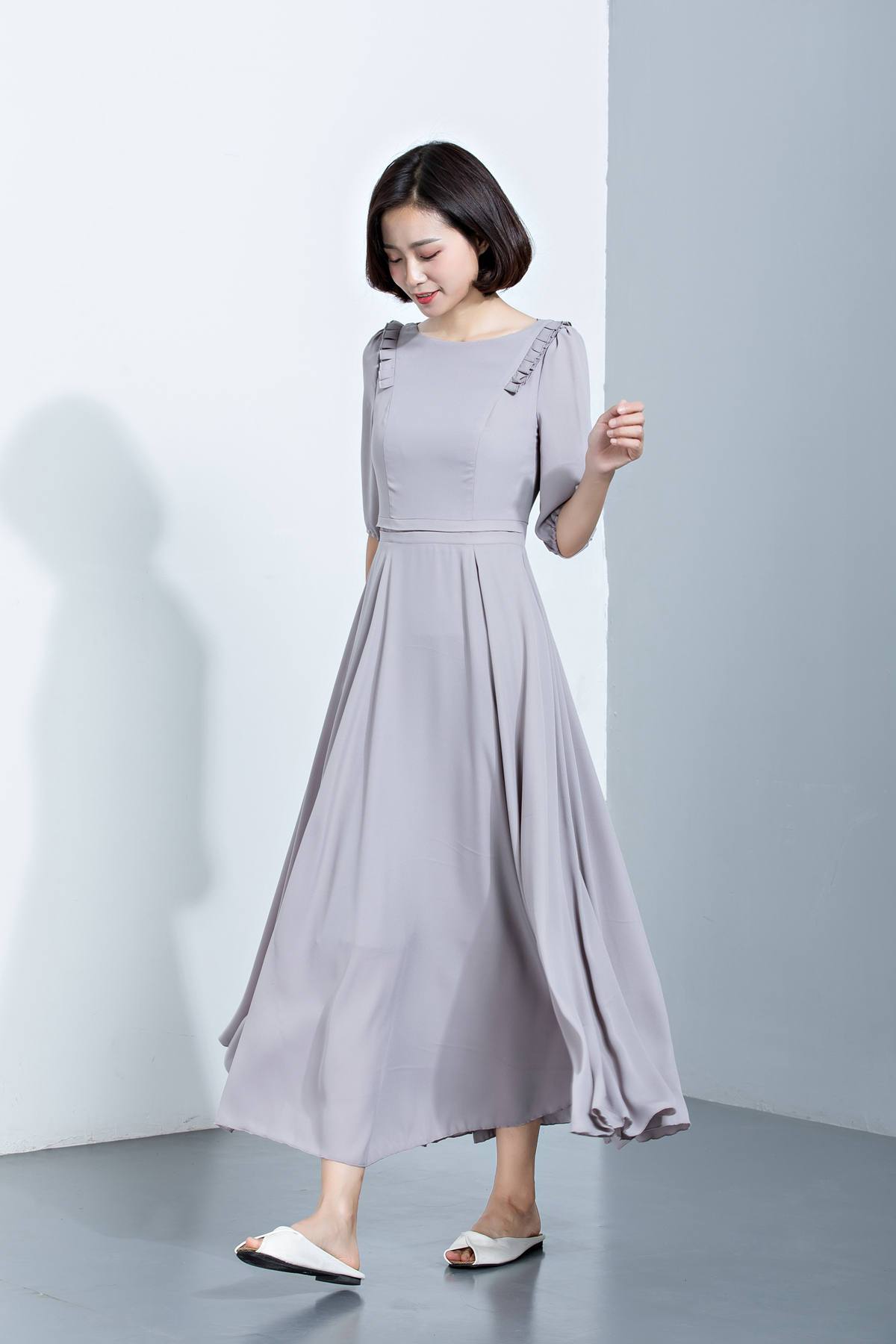 summer chiffon dress with mid sleeves and high waist C1137
