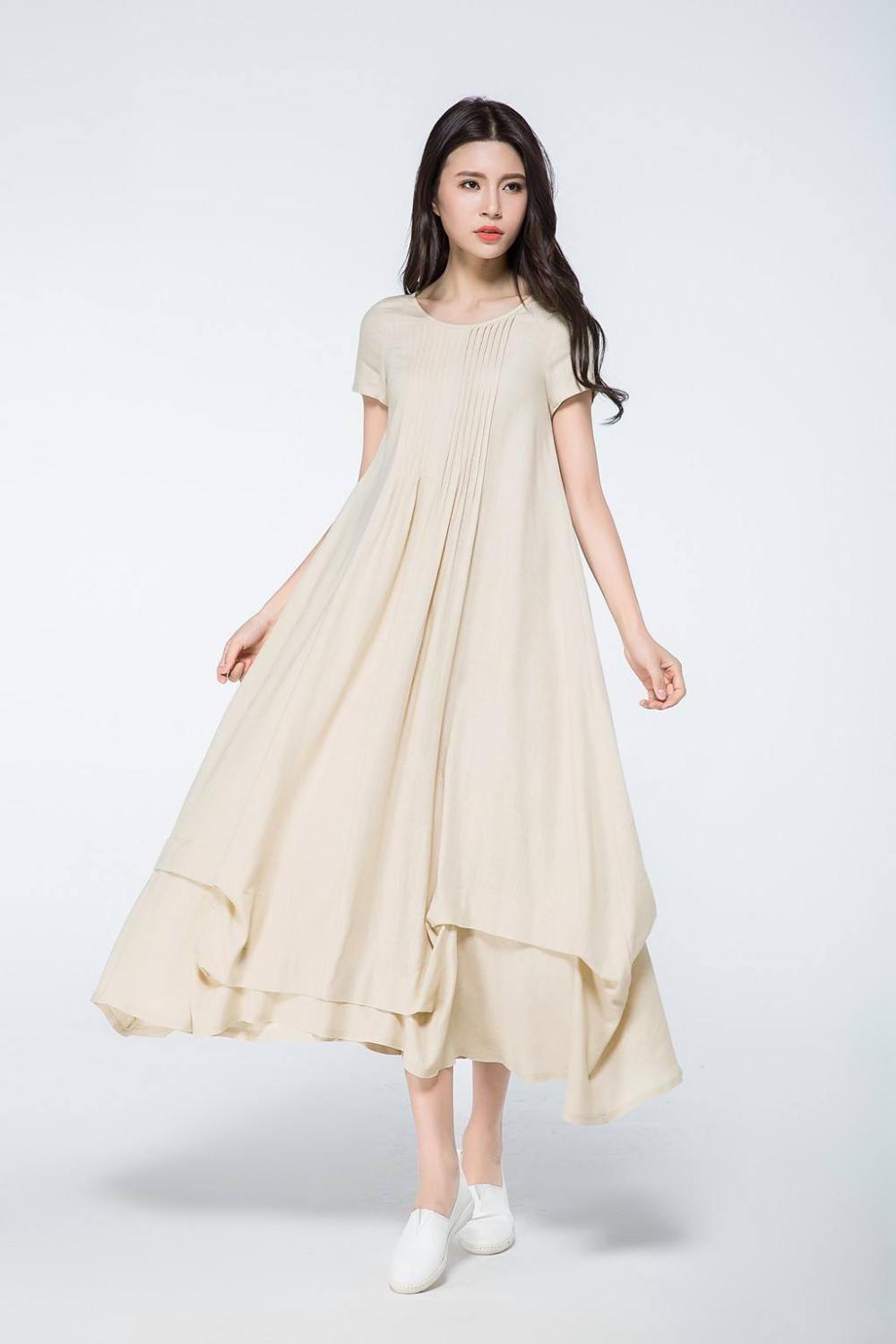 beige long linen loose dress C1071, Size US 2 #yy03420