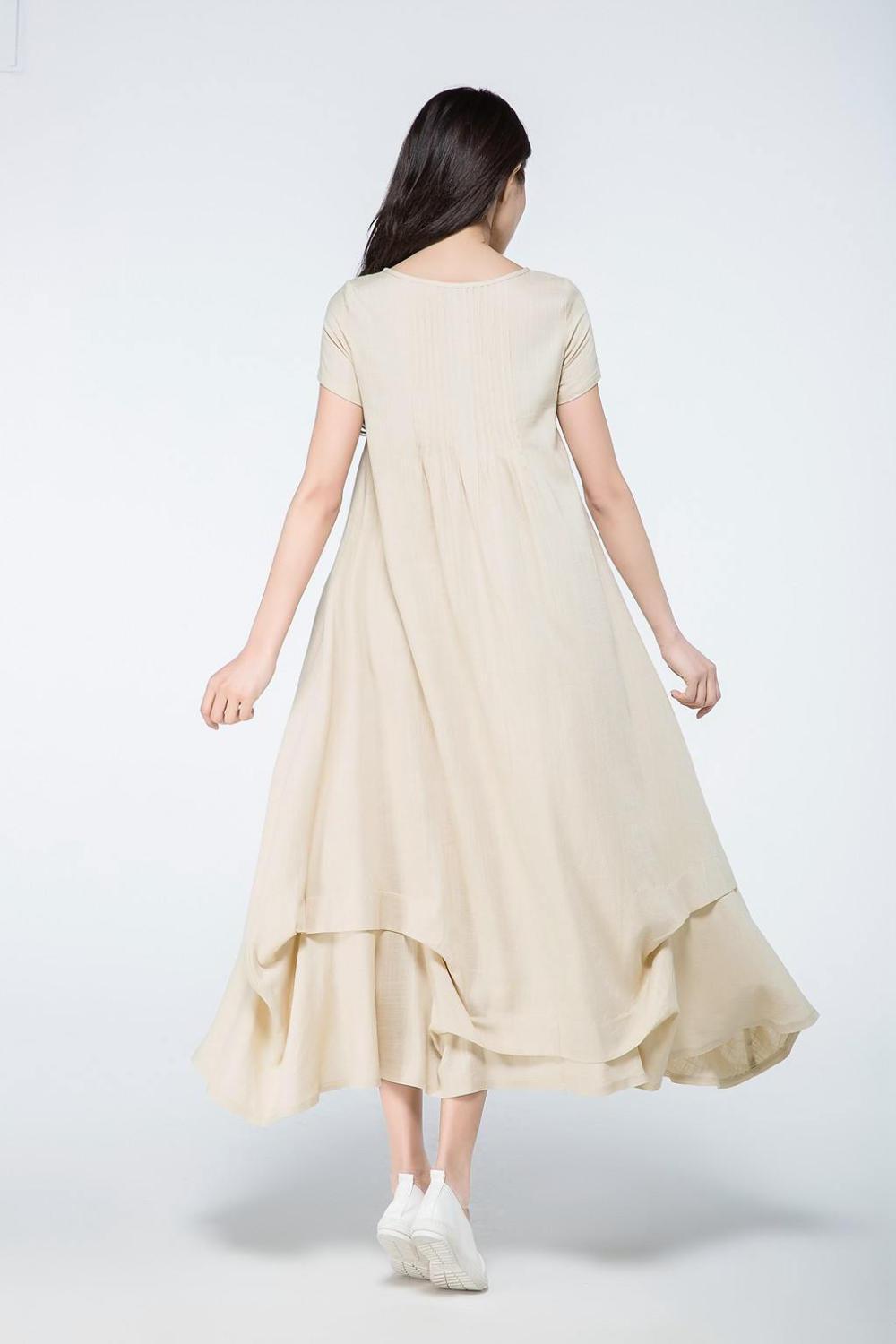 beige long linen loose dress C1071, Size US 2 #yy03420