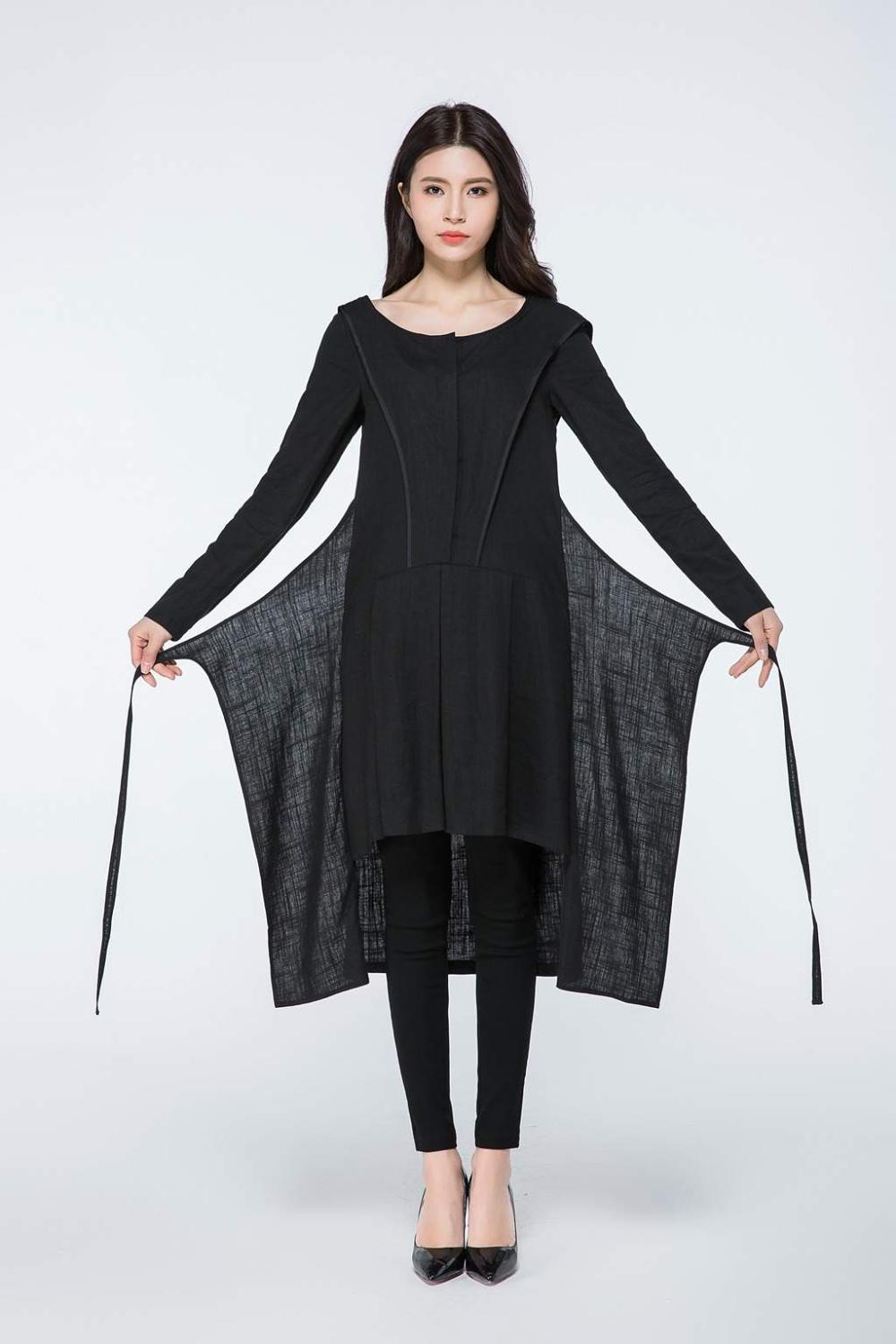 Midi Hooded Black Linen Long Sleeves Dress C1075