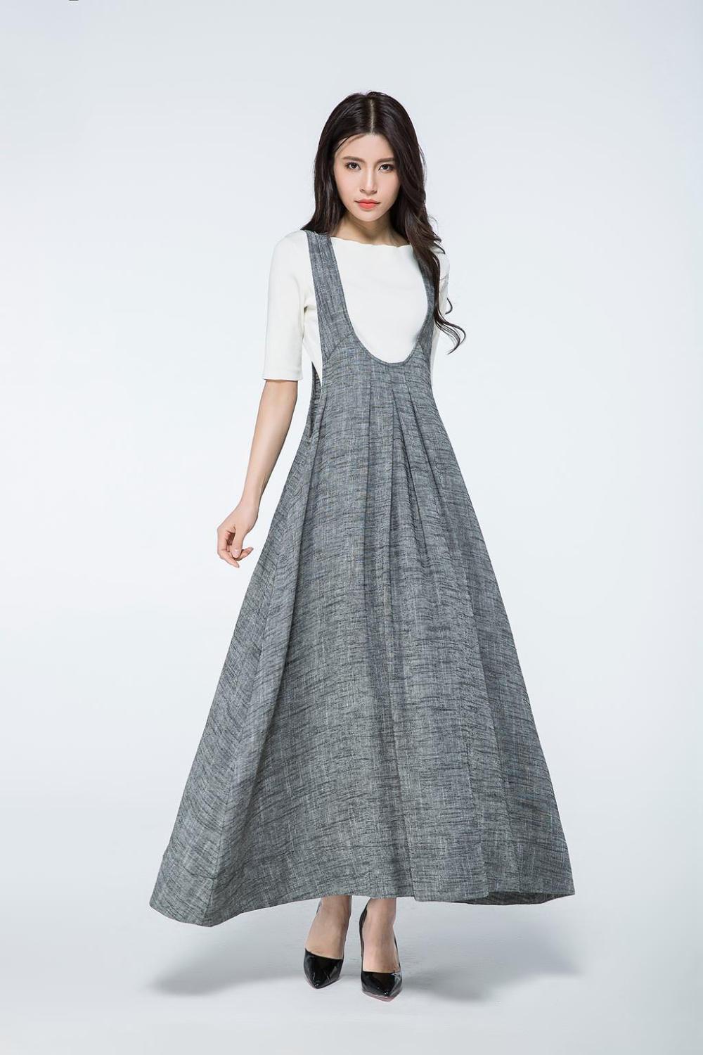 Overall dress, Pinafore dress, linen dress, long dress gray, woman dress linen, plus size dress, summer dress, Pinafore dress woman C1057