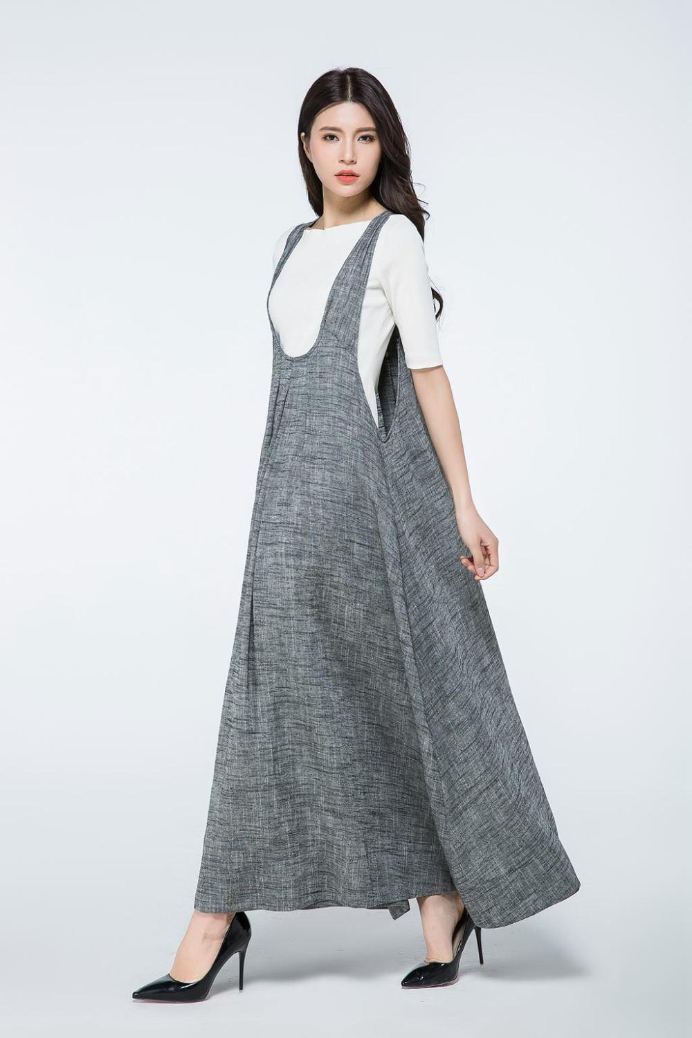 Overall dress, Pinafore dress, linen dress, long dress gray, woman dress linen, plus size dress, summer dress, Pinafore dress woman C1057