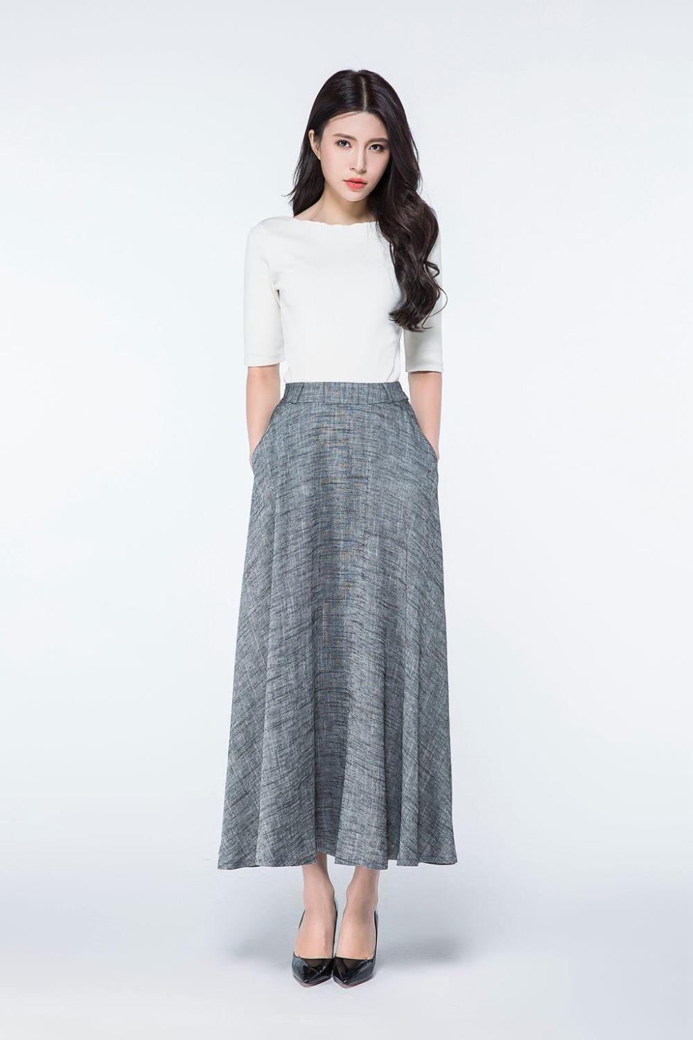 long linen skirt, full length skirt, maxi skirts pockets, maxi skirt, A line skirt, womens long skirts, gray skirt, spring skirt C1078