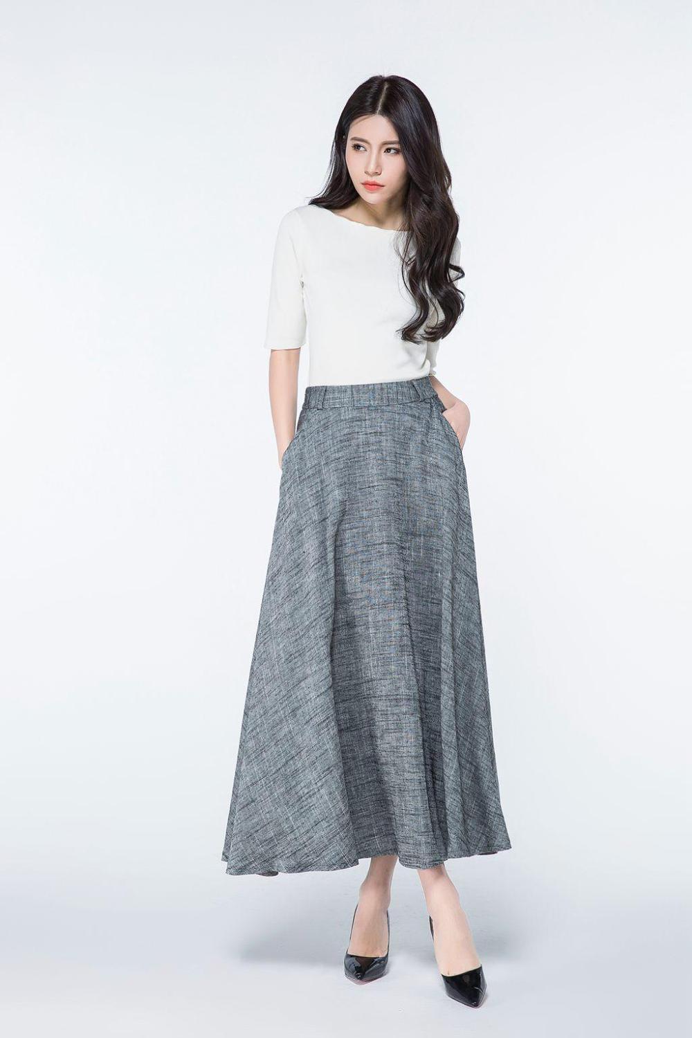long linen skirt, full length skirt, maxi skirts pockets, maxi skirt, A line skirt, womens long skirts, gray skirt, spring skirt C1078