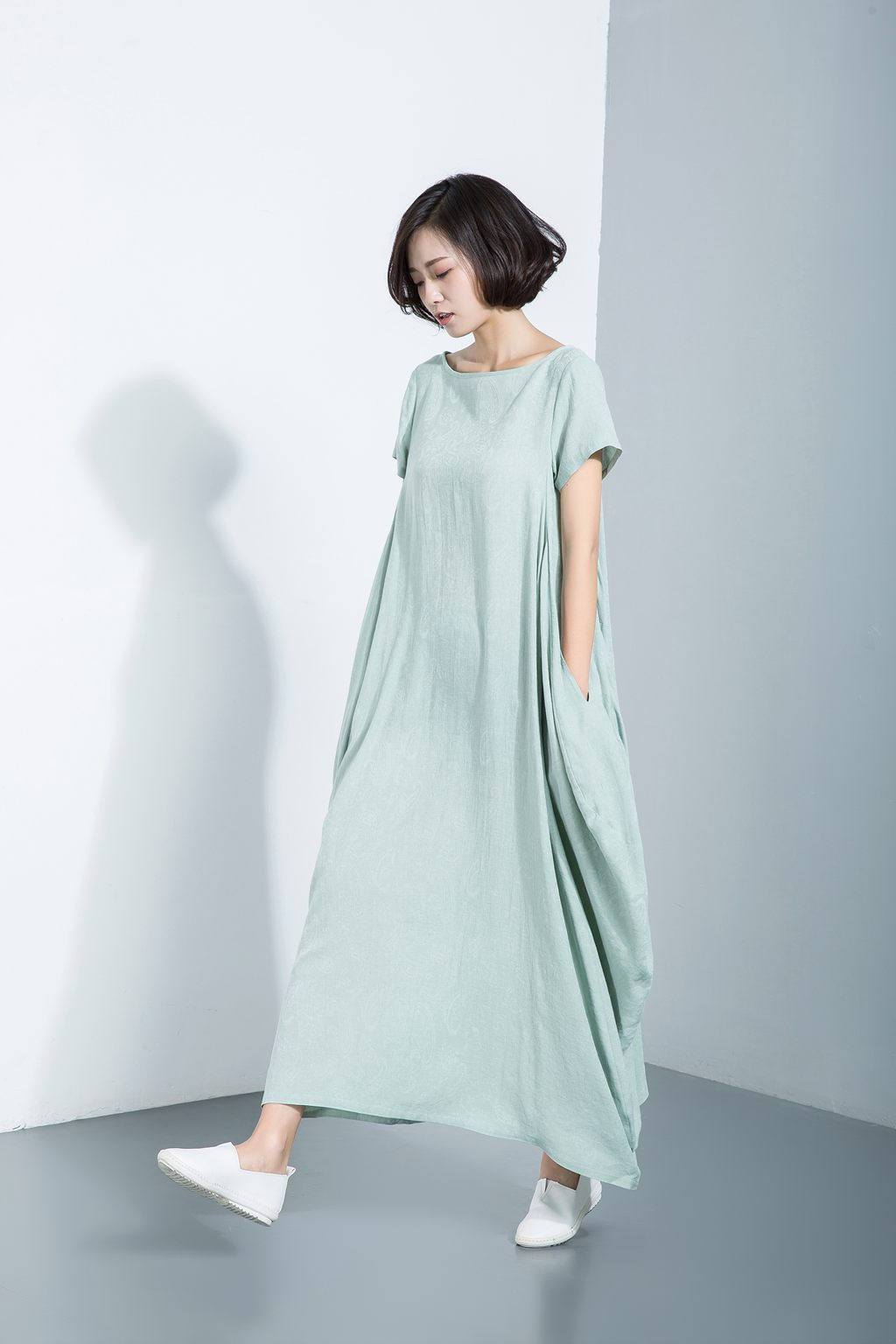 Long cotton dress, short sleeve dress, loose-fitting dress, asymmetrical designer dress, dress with pockets, casual dress C1114