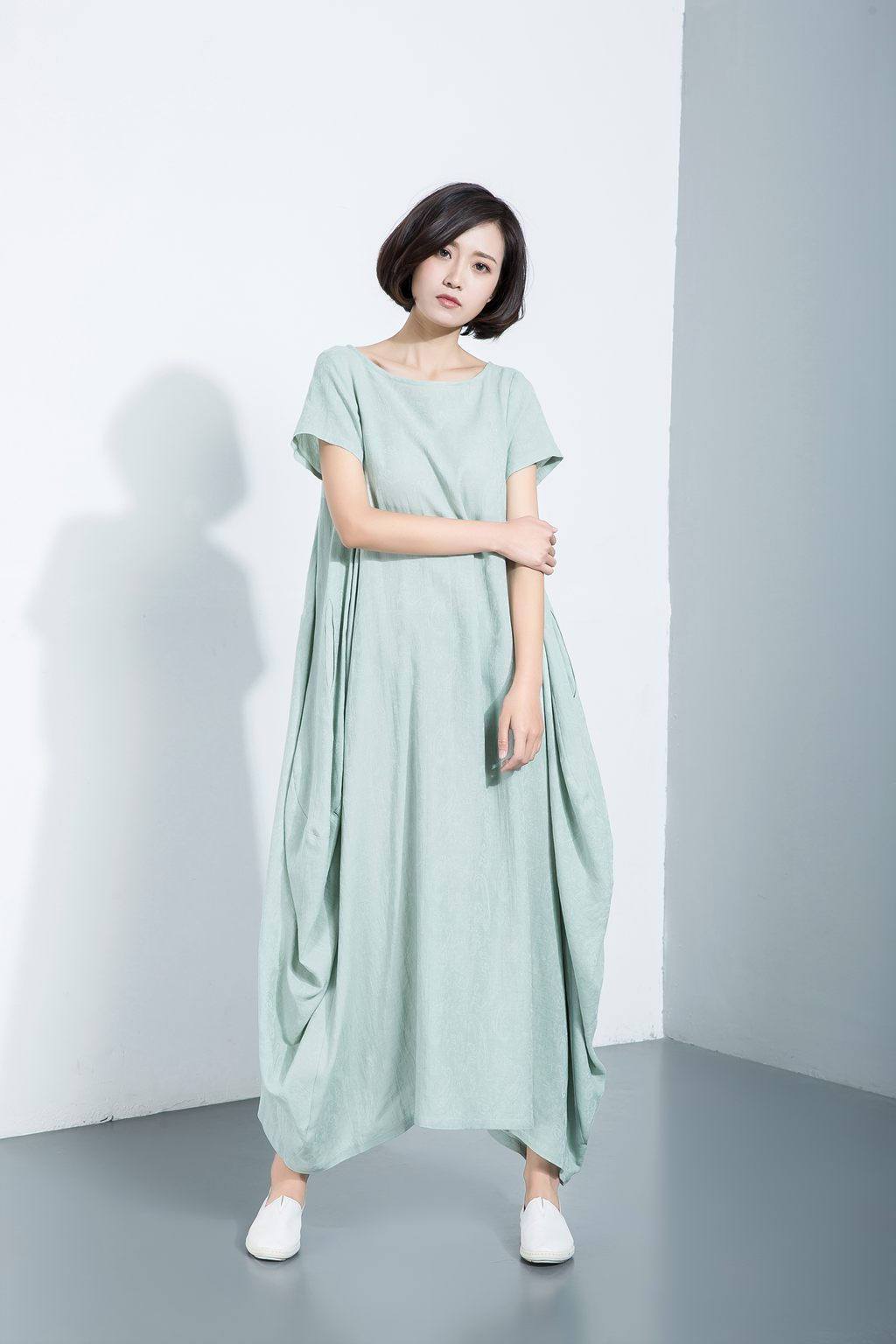 Long cotton dress, short sleeve dress, loose-fitting dress, asymmetrical designer dress, dress with pockets, casual dress C1114