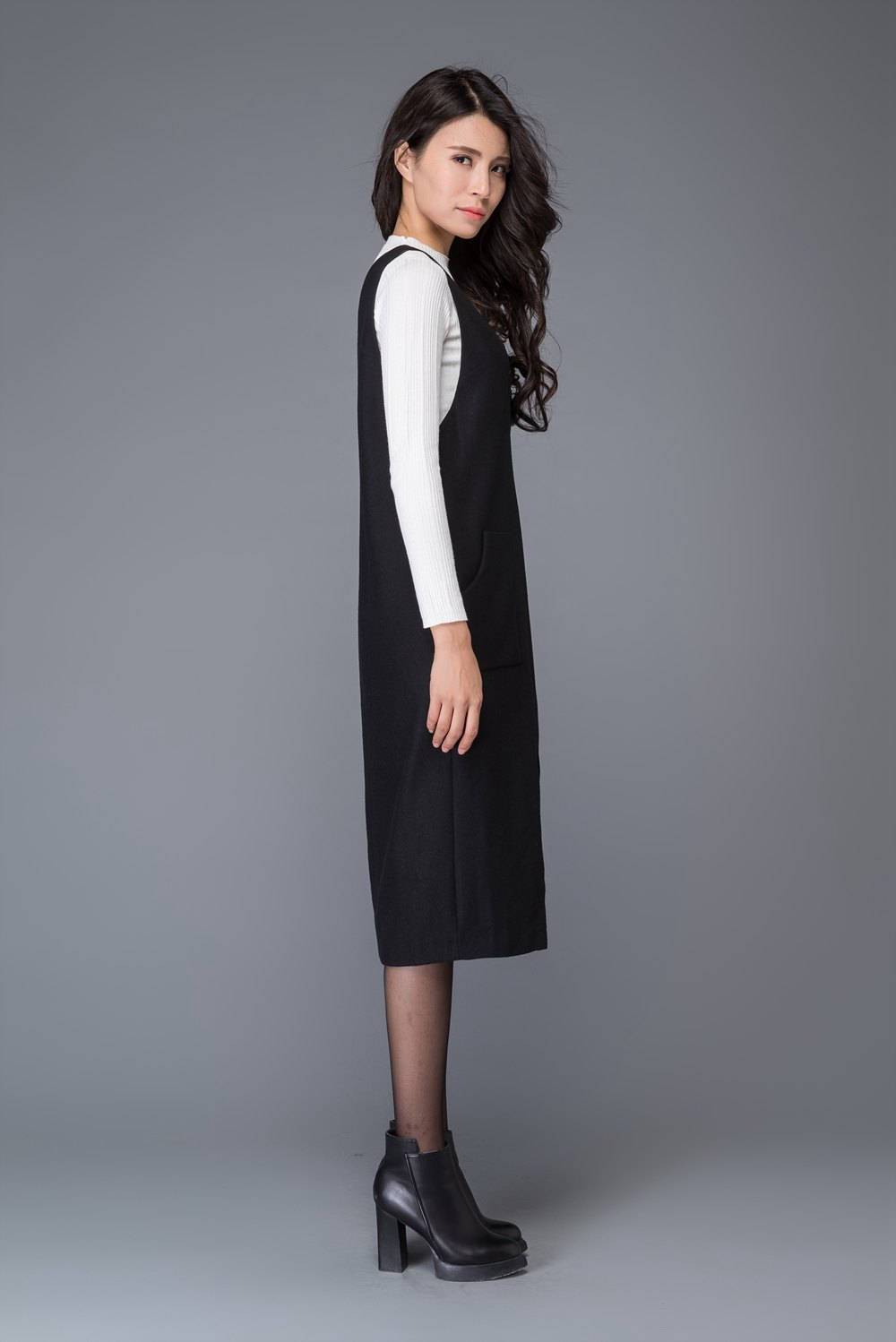 Black wool dress, strap dress, big V neck dress, winter dress, split dress, midi dress, women dresses, maxi dress, sleeveless dress C1009