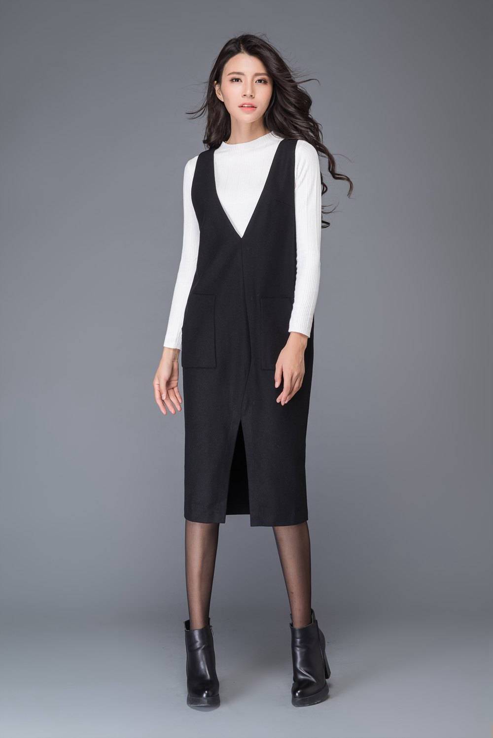 Black wool dress, strap dress, big V neck dress, winter dress, split dress, midi dress, women dresses, maxi dress, sleeveless dress C1009