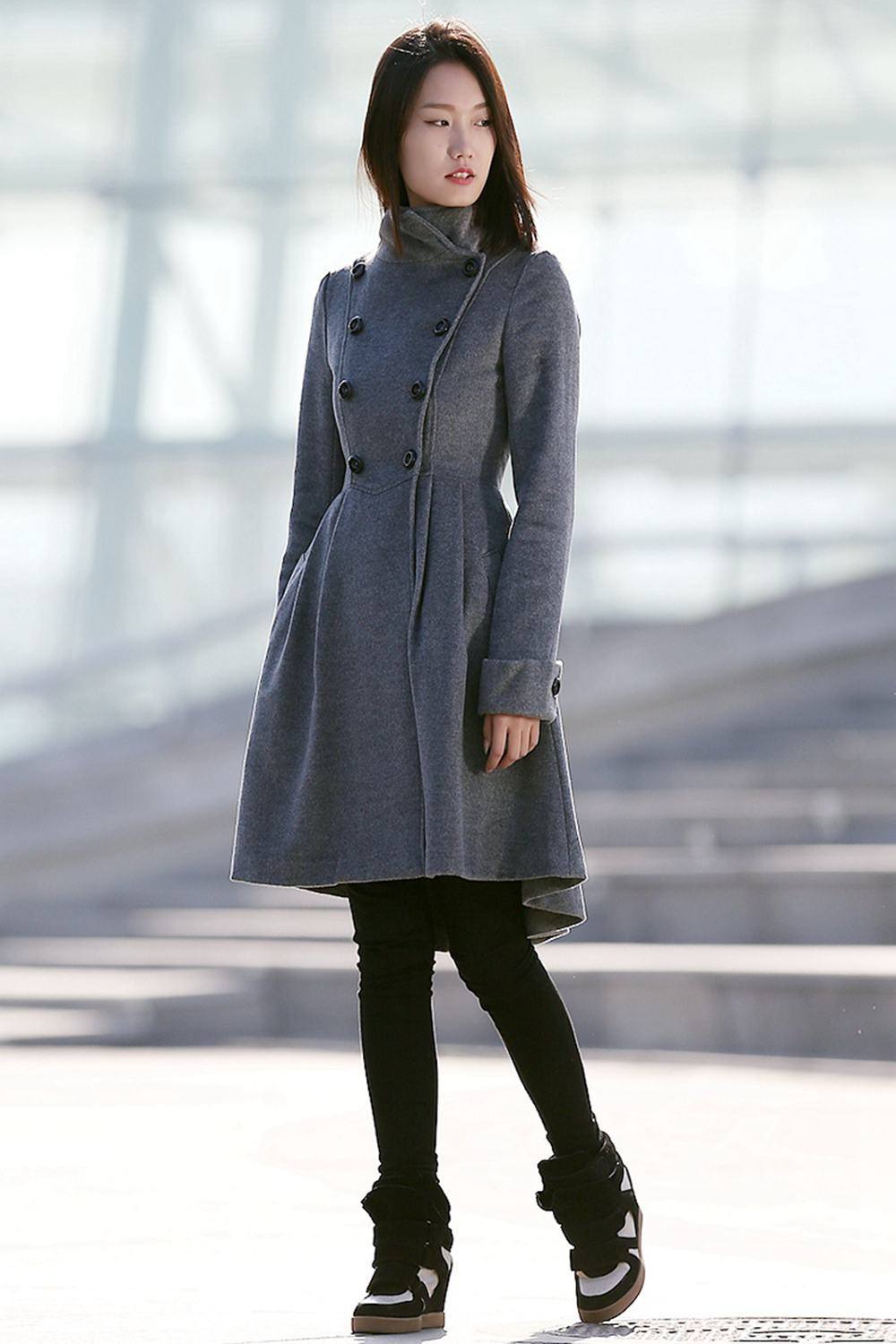Asymmetrical winter wool coat with pockets C157