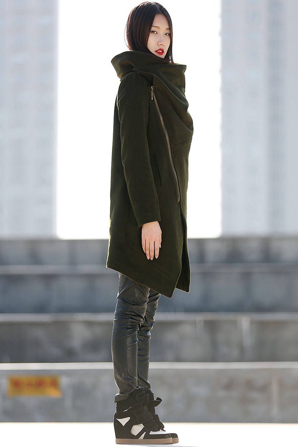 Army green asymmetrical wool jacket C189